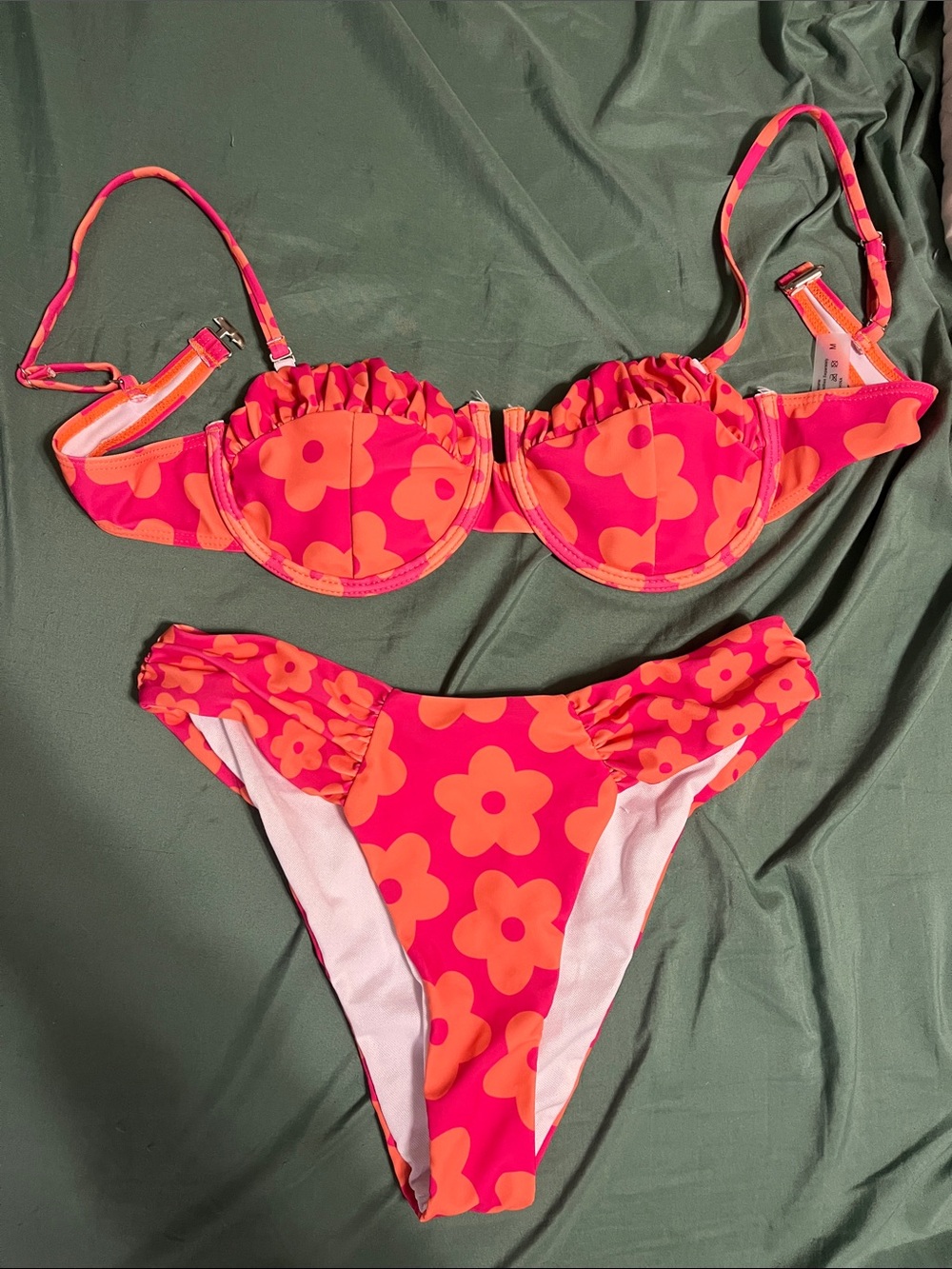 SHEIN Pink and Orange Floral Ruffle Bikini Set